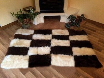 Genuine, Sheepskin rug "Chess board rug", Fur rug, Living room rug, White rug, Brown rug, Handmade rug. Size 160/110cm. Wool + leather