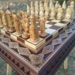 Unique chess set: handmade chess board with exquisite carving. Decorative beads