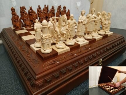 Wooden Chess Set: Chess Board "Leaves" with Storage + chess pieces "Knights" + "Cossacks"