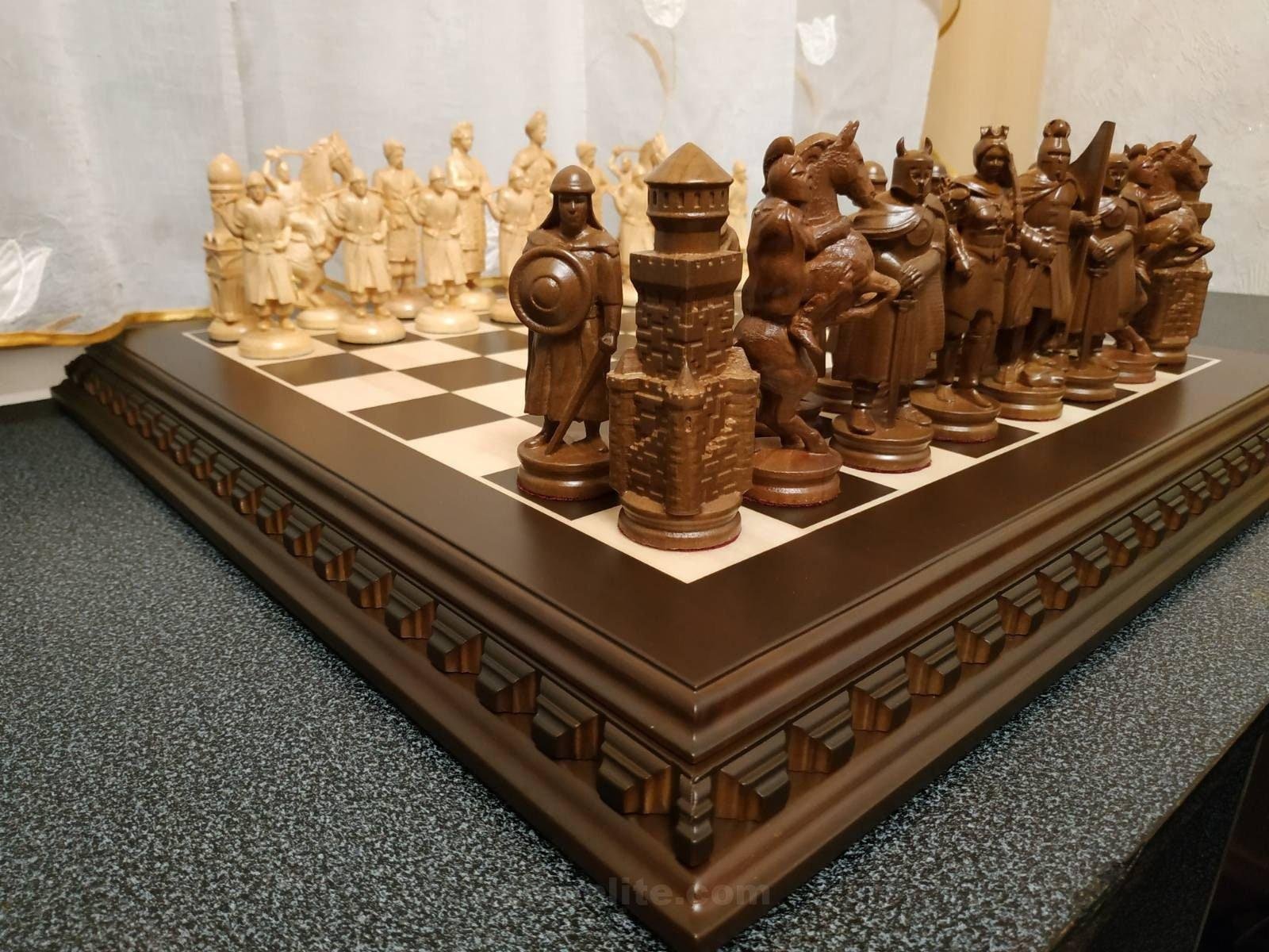 il_fullxfull.2074641732_3z0k-1.jpg Handmade chess set consists of: classic ash board and "Knigts&Cossacks" pieces