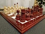 Elegant handmade chess set in rare cherry brown color with gold accents and super glossy finish