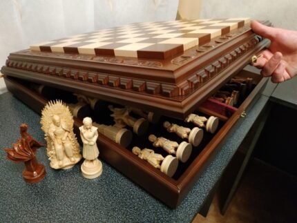 Wooden Chess board "Foliage"storage for chess pieces Christmаs gift ideа wood carving handmade exclusive gift for husband father boyfriend