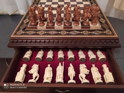 Chess set "Battle for Kings": Chess Board with two Drawers Decorated with beads + pieces "Knights & Cossacks"