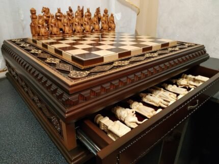 Wooden Chess set "Battle for Kings": Chess Board with two Drawers, Decorated with beads + pieces "Knights"