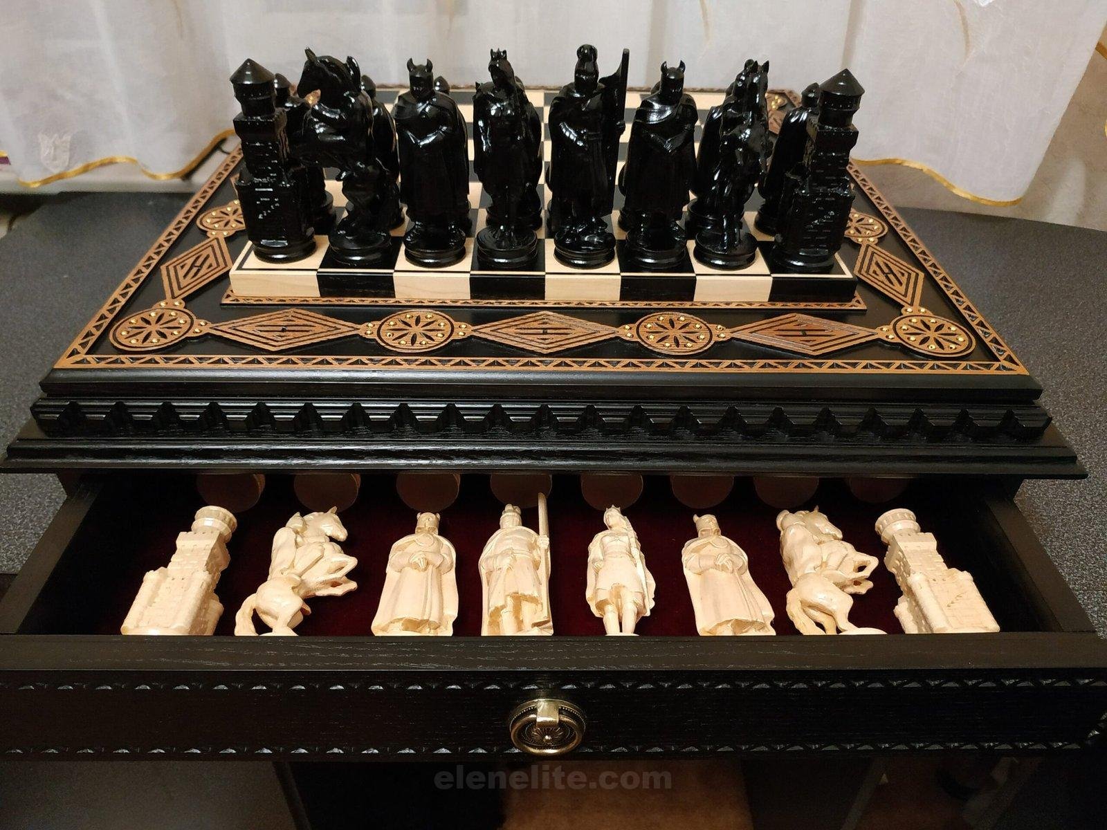 il_fullxfull.2936500849_20i4-scaled-1.jpg chess set with a black ash board decorated with light carvings and bead inlay and pieces Knights