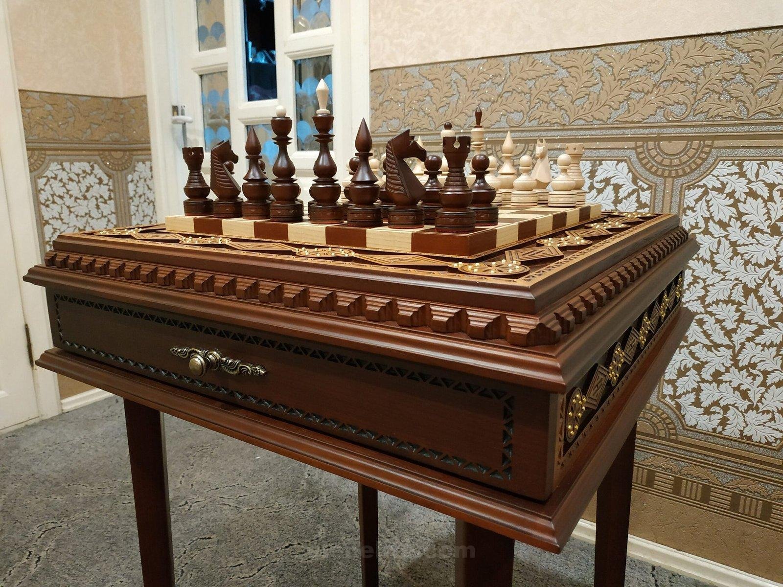il_fullxfull.3070884691_e8sj-scaled-1.jpg Chess Set: Chess Table "Battle for Kings" with 2 Drawers + chess pieces "Elite" - Image 1