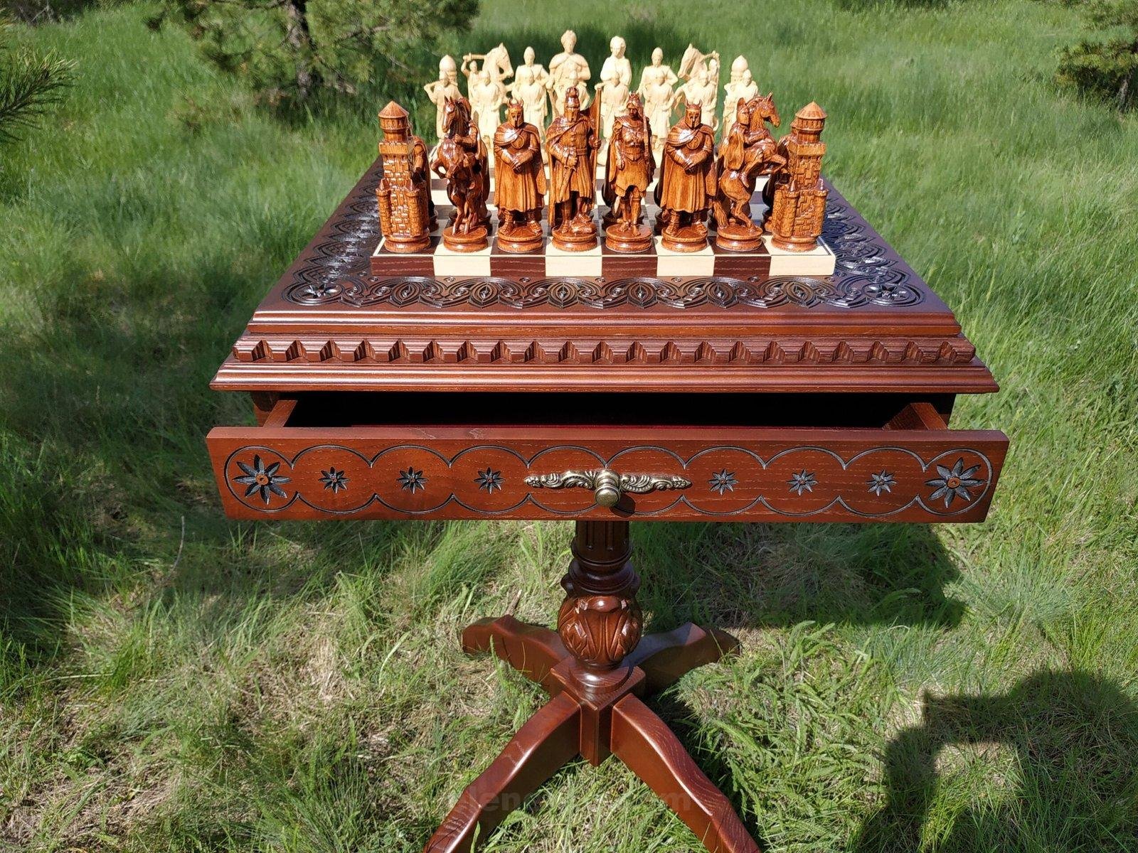 il_fullxfull.3098894804_rtlb-scaled-1.jpg Chess Set: Chess table "Battle Pleasure" with 2 Drawers + pieces "Knights" & "Cossacks" - Image 1