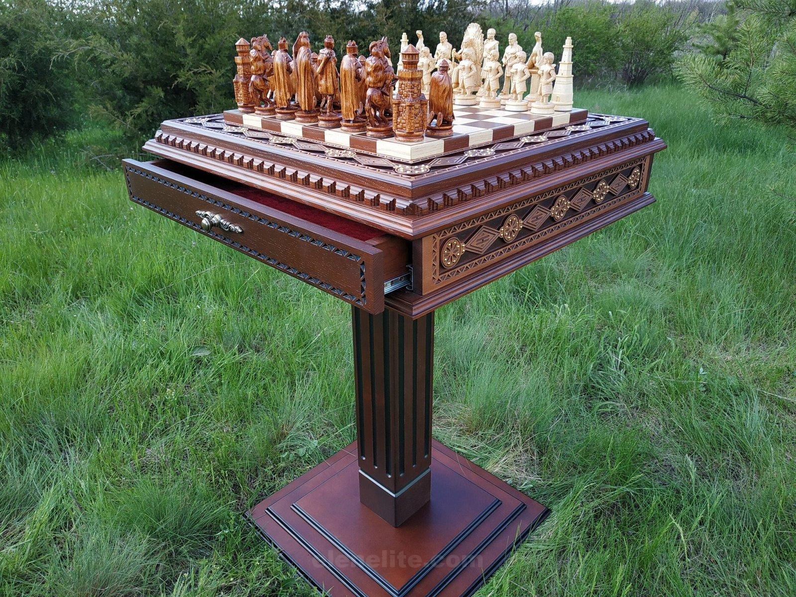 il_fullxfull.3133017897_3h15-scaled-1.jpg Chess Set: Chess Table "Battle for Kings" with 2 Drawers + 2 stools + pieces "Knights" & "Game of Thrones" - Image 1