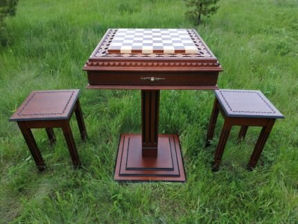 Chess Set: Chess Table "Battle for Kings" with 2 Drawers + 2 stools