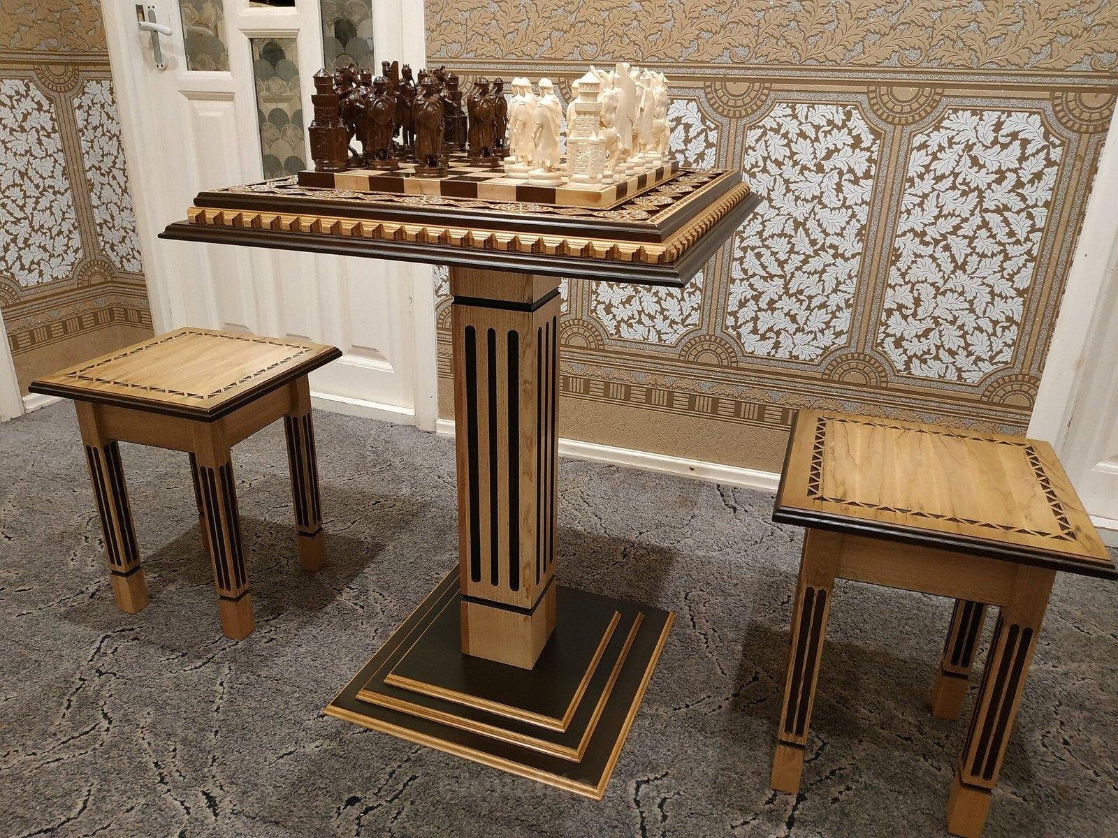 il_fullxfull.3183828886_8lot-scaled-1.jpg Chess Set: Chess Table "Bright Victory" + 2 stools + chess pieces "Knights" - Image 1