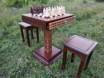 Chess Set: Chess Table "The Art of a Winner" with 2 Drawers and Cells + 2 stools + pieces "Knights"