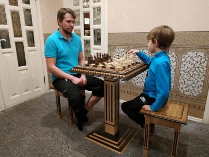 Chess set "Bright Victory" from solid ash wood, wooden board/table furniture, stools, chess pieces handmade modern Wedding Anniversary gift