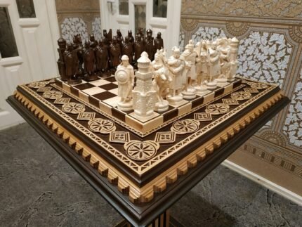 Wooden Chess set: Chess Board "Bright Victory" Decorated with beads + pieces "Knights"