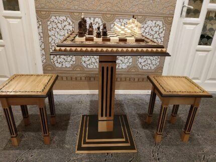 Chess Set: Chess Table "Bright Victory" decorated with beads + 2 stools + chess pieces "Elite"