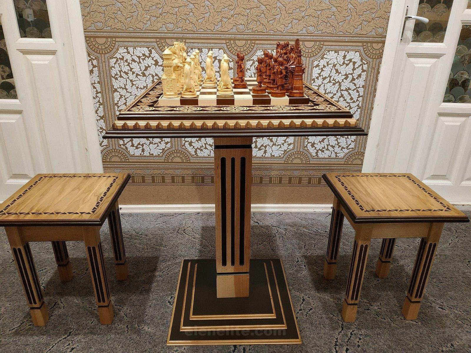 il_fullxfull.3306558191_g61i-scaled-1.jpg Chess Set: Chess Table "Bright Victory" + 2 stools + chess pieces "Game of Thrones" & "Knights" - Image 1