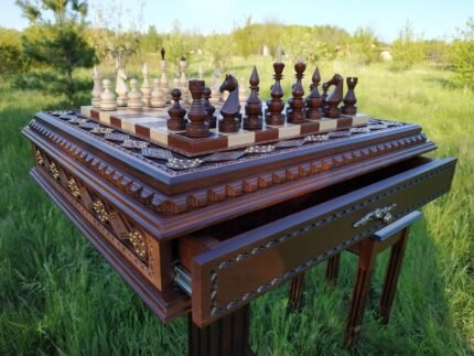 Wooden Chess set: Board "Battle for Kings" with 2 Drawers Decorated with beads + Chess pieces "Elite"