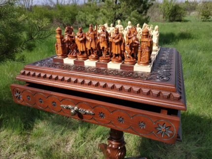 Chess set: Board "Battle Pleasure" with 2 Storage Drawers + pieces "Knights" / "Cossacks"
