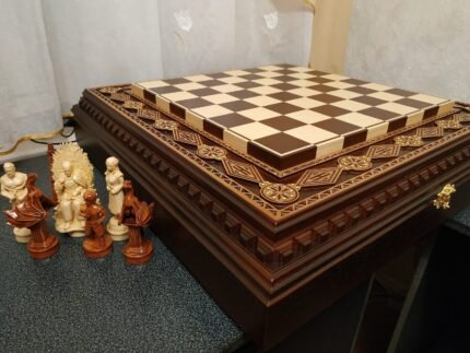 Chess Board with Storage for Chess Pieces Decorated with beads