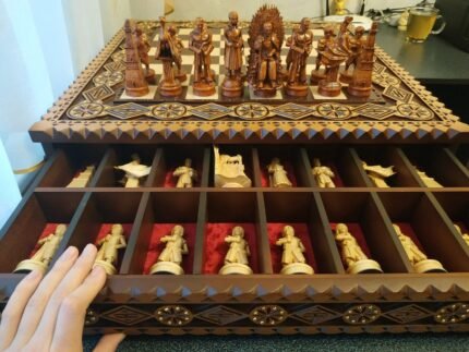 Chess Set: Chess Board “The Art of a Winner” with 2 Drawers and Cells for Storing each Chess piece + pieces "Game of Thrones"