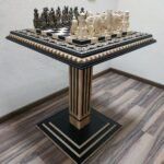 Chess Set: Chess Table "Bright Victory" decorated with beads + chess pieces "Knights"