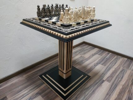 Chess Set: Chess Table "Bright Victory" decorated with beads + chess pieces "Knights"