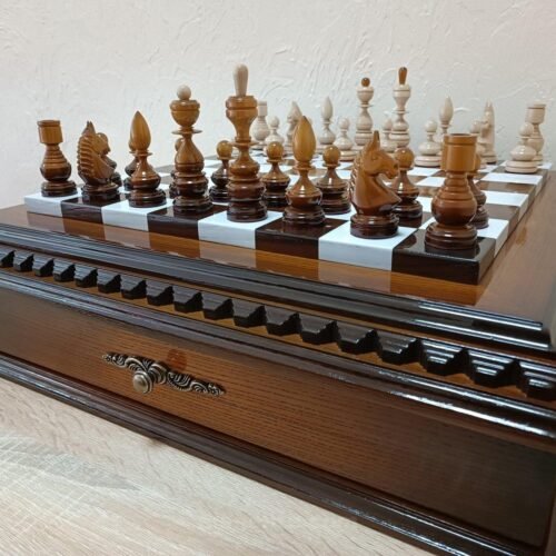 Handmade chess set with drawer board and 32 carved pieces