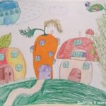 Fantasy ukrainian children - vegetables-house. Set of 2 drawings, Red viburnum, flag of Ukraine, draws. Stop War. Art Painting JPG file