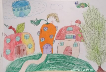 Fantasy ukrainian children - vegetables-house. Set of 2 drawings, Red viburnum, flag of Ukraine, draws. Stop War. Art Painting JPG file