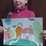 Fantasy ukrainian children - vegetables-house. Set of 2 drawings, Red viburnum, flag of Ukraine, draws. Stop War. Art Painting JPG file