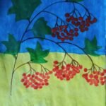 Set of three drawings of Ukrainian children, artists. Red viburnum, flag of Ukraine, draws from Ukraine. Stop War. Art Painting JPG File