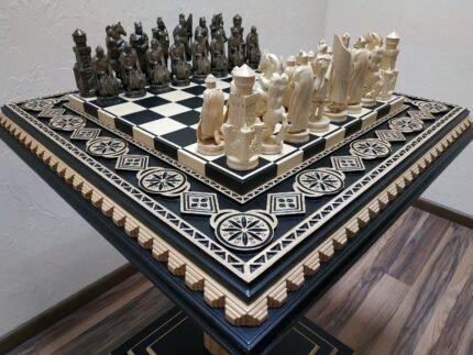 Chess set: Chess Board "Bright Victory" Decorated with beads + pieces "Knights"