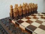 Wooden Chess set: Chess table "Waves of Aspiration" + 2 stools + chess pieces "Knights" Ombre color, super glossy - Image 4