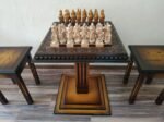 Wooden Chess set: Chess table "Waves of Aspiration" + 2 stools + chess pieces "Knights" Ombre color, super glossy