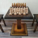 Wooden Chess set: Chess table "Waves of Aspiration" + 2 stools + chess pieces "Knights" Ombre color, super glossy