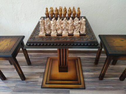 Wooden Chess set: Chess table "Waves of Aspiration" + 2 stools + chess pieces "Knights" Ombre color, super glossy