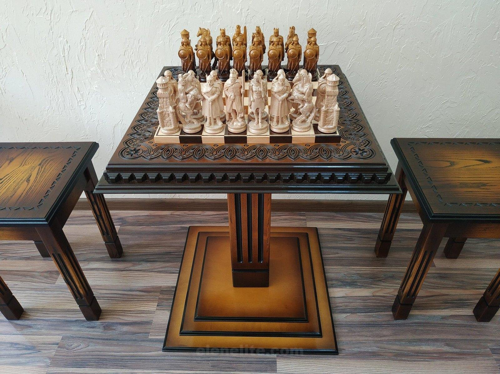 il_fullxfull.4072151560_4avi-scaled-1.jpg Wooden Chess set: Chess table "Waves of Aspiration" + 2 stools + chess pieces "Knights" Ombre color, super glossy - Image 1