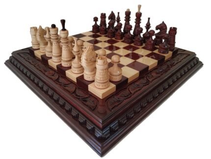 Glossy Cherry Chess Set: Chess Board "Leaves" + pieces "Classic Luxe"
