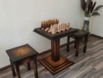Wooden Chess set: Chess table "Waves of Aspiration" + 2 stools + chess pieces "Knights" Ombre color, super glossy - Image 9