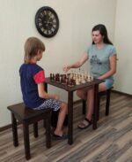 Wooden Chess set: Chess table "Waves of Aspiration" + 2 stools + chess pieces "Elite"