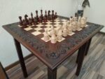 Wooden Chess set: Chess table "Waves of Aspiration" + 2 stools + chess pieces "Elite" - Image 4