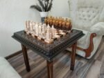 Wooden Chess set: Chess table "Waves of Aspiration" + chess pieces "Knights" Ombre color, super glossy