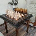Wooden Chess set: Chess table "Waves of Aspiration" + chess pieces "Knights" Ombre color, super glossy