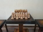 Wooden Chess set: Chess table "Waves of Aspiration" + 2 stools + chess pieces "Knights" Ombre color, super glossy - Image 2