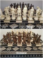 Chess set: Chess Table "Star of life" with Drawers + 2 stools + pieces "Cossacks" & "Armed Forces of Ukraine" - Image 9