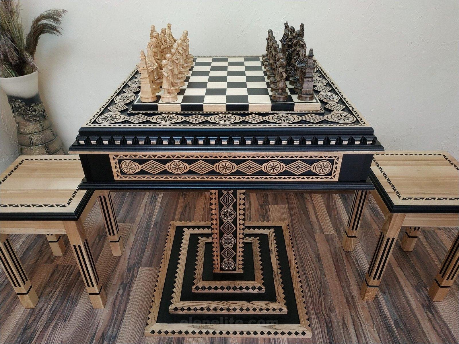 il_fullxfull.4795348611_lemv-scaled-1.jpg Chess Set: Chess Table "Bright Victory" with Drawers + 2 stools + chess pieces "Game of Thrones" - Image 1