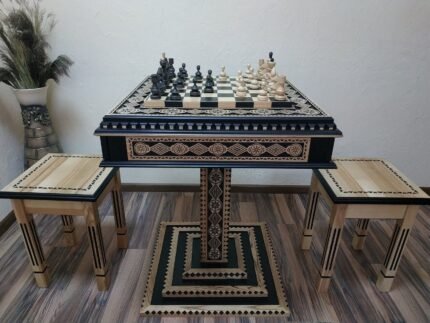 Chess Set: Chess Table "Bright Victory" in black with Drawers + 2 stools + chess pieces "Classic Deluxe"