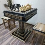 Chess Set: Chess Table "Bright Victory" in black with Drawers + 2 stools + chess pieces "Elegant Classic"