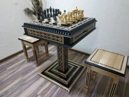 Chess Set: Chess Table "Bright Victory" in black with Drawers + 2 stools + chess pieces "Elegant Classic"