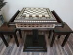 Wooden Chess Set: Chess Table "Bright Victory" in dark brown with Drawers + 2 stools