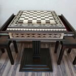 Wooden Chess Set: Chess Table "Bright Victory" in dark brown with Drawers + 2 stools